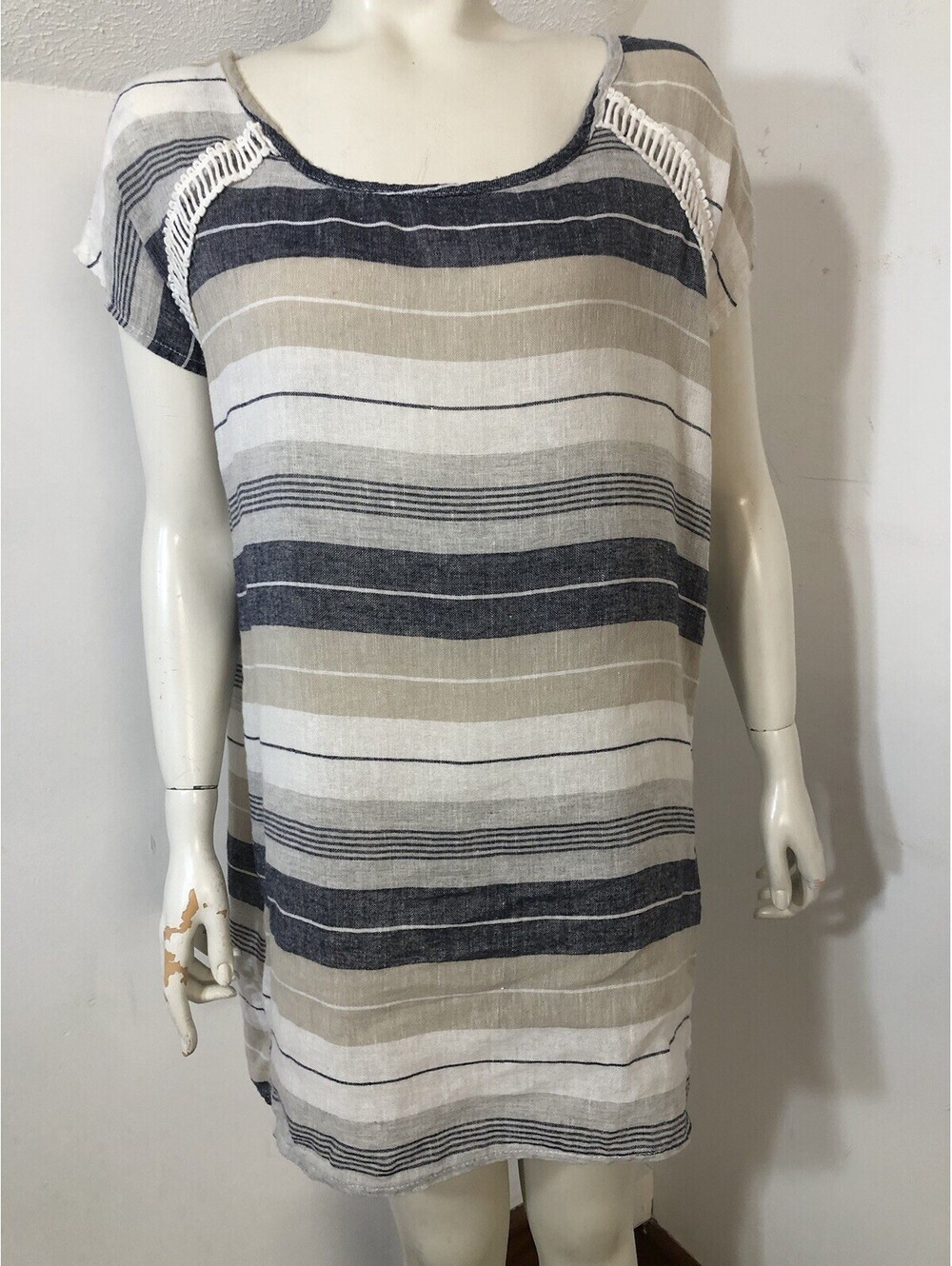 Bellambra Womens Medium Capsleeved Linen Blend Tunic Top Navy White Beige Stripe